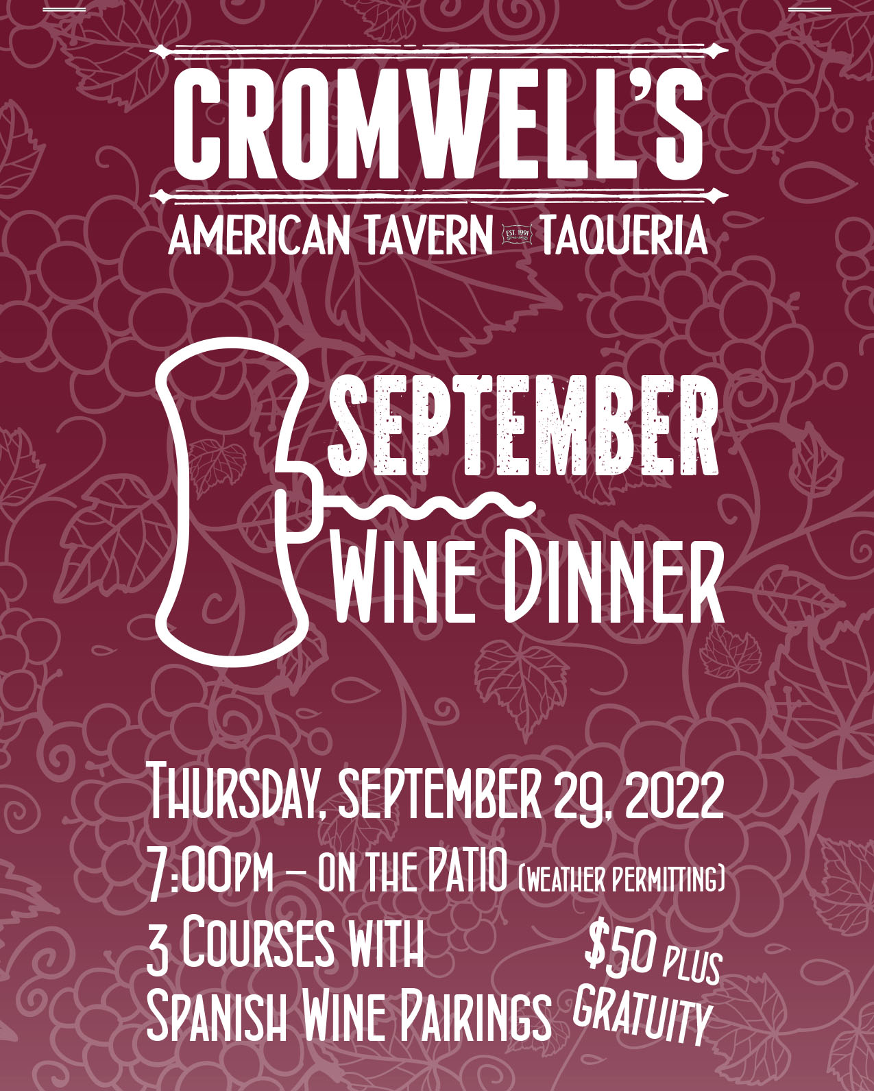 Join us for a Spanish Wine Pairing Dinner at Cromwell's